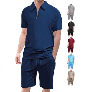 Men's two-piece casual summer set featuring polo collar shirt and shorts in navy blue knit