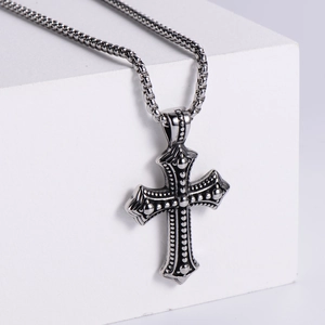 Vintage stainless steel cross pendant with relief engraving on square box chain