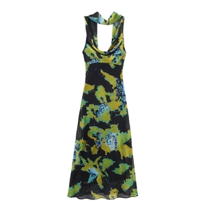 Women Abstract Print Cowl Neck Halter Maxi Dress Sexy Backless Sleeveless Chiffon Long Dress Summer Party Vacation Clubwear