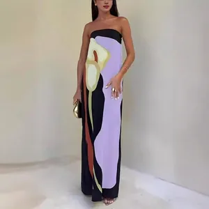 Sleeveless tube maxi dress with purple color block and realistic calla lily floral print