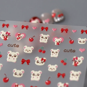 3D embossed nail art stickers featuring cute hamsters, red cherries, and pink hearts