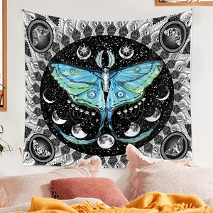 Detail of moon moth tapestry with mandala patterns and starry sky bedroom wall decor