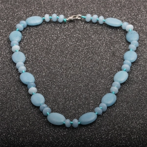 Macro shot of sky blue semi-precious stone necklace with abacus and oval beads