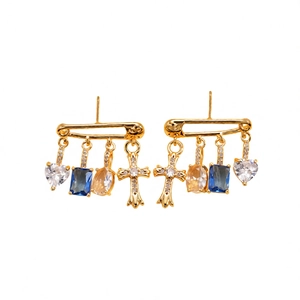 Silver needle earrings with zirconia pins, heart and cross charms in golden finish