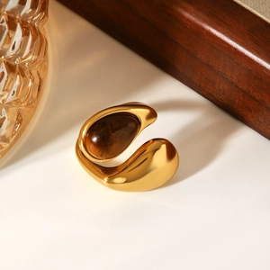 Bague ouverte goutte d'eau en acier doré avec incrustation d'une pierre œil de tigre brune