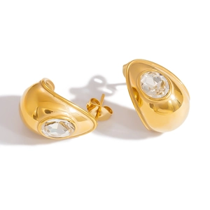 Elegant 18K gold flower stud earrings with sparkling round center crystal on white background