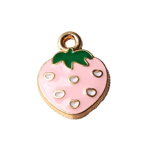 Mini pink strawberry alloy charm with gold trim and white heart pattern for DIY jewelry