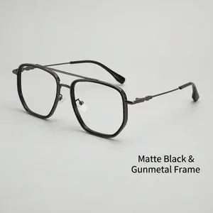 Fashionable double-bridge aviator eyeglass frames in black gunmetal with metal design