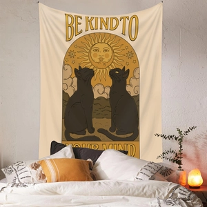 Bohemian tapestry featuring black cats and sun-moon face with Be Kind To Your Mind text