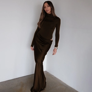 Robe longue moulante marron à col montant et manches longues avec jupe en soie fluide