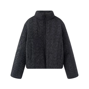 Women thick knit zipper jacket in dark gray featuring stylish braided texture and high collar