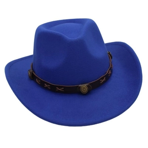 Detail of royal blue wool felt cowboy hat with brown faux leather belt and metal studs