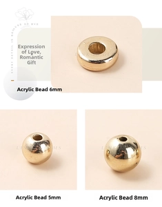 Detailed views of gold-plated acrylic beads in 5mm, 6mm, and 8mm sizes for jewelry making