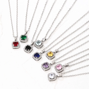 Square halo pendant necklace with micro-set zircon in nine vibrant colors on silver chains