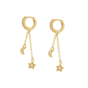 Gold S925 sterling silver hoop earrings with hanging moon, star pendants and zircon stones