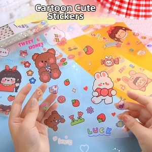Macro view of cute cartoon PET stickers showing transparent material and bear patterns