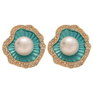Boucles d'oreilles vintage fleurs or et bleu canard avec perles et strass brillants