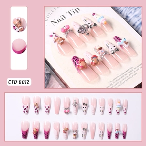 Detail of CTD-0012 pink nails featuring leopard print, 3D bears, and rhinestone accents