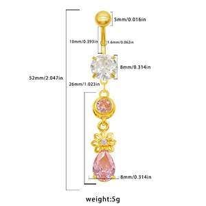 Dimensions détaillées du piercing de nombril doré avec zircon rose et pendentif