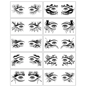 Detailed sheet of Halloween eye tattoos featuring spiders, bats and pumpkin designs