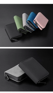 Macro detail of high-capacity zipper card wallets in multiple colors with suede texture