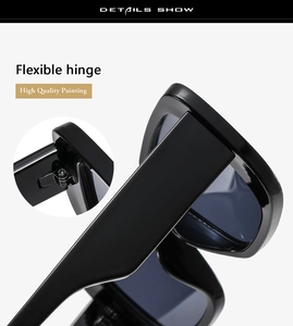 Close-up detail of flexible hinges and high quality painting on black rectangle sunglasses