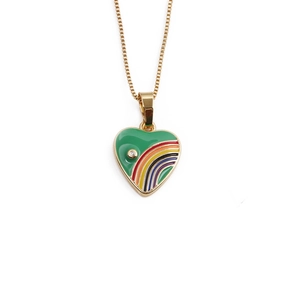 Golden necklace with rainbow heart pendant in green enamel and small crystal detail