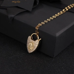 Elegant 18K gold plated heart lock pendant necklace with zircon and religious relief