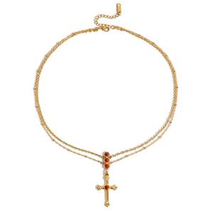 Zweilagige 18K Gold Edelstahl Halskette mit Kreuzanhänger und rot-weißen Edelsteinen