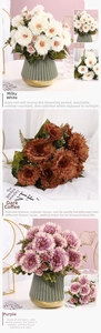 Detailed view of artificial silk bouquets in creamy white, dark coffee, and purple shades
