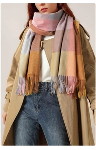 Detailed view of colorful plaid scarf with fringes styled over a khaki trench coat