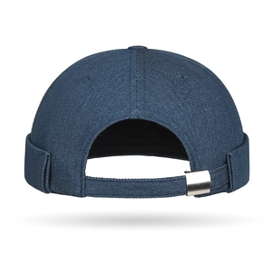 Vintage dark blue denim docker hat with adjustable metal buckle back view for men and women