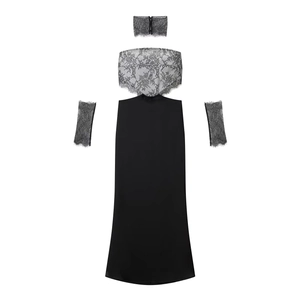 Robe longue noire élégante avec empiècements en dentelle, tour de cou et manches assorties