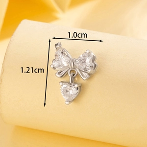 Delicate bow heart pendant earring with cubic zirconia, 1.0cm by 1.21cm dimensions