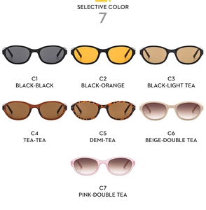 Detailed grid view showcasing seven stylish oval sunglasses colors from black to tortoiseshell