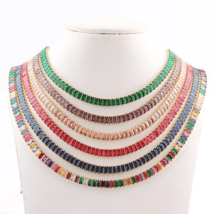 Rainbow tennis necklace set featuring colorful rectangle zircon crystals in tiered display