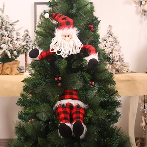 Christmas Tree Hugger Santa Claus Elf Topper Buffalo Plaid Plush Ornament Indoor Home Holiday Festive Party Decoration