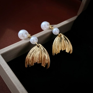 Mermaid Tail Artificial Pearl Drop Earrings Alloy Faux Artificial Pearl 925 Sterling Silver Earring Post Elegant Chic Jewelry For Women