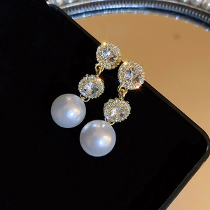Elegant Round Rhinestone Dangle Earrings With Imitation Artificial Pearl And Silver Earring Post French Style Luxury Women Jewelry