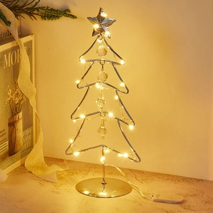 Silver iron Christmas tree with LED warm lights and crystal pendants for desktop decor