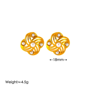 Detail of gold swirl earrings with white pearls, measuring 18mm and weighing 4.5g