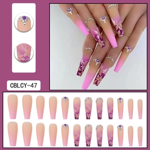 Purple gradient long ballerina press-on nails with white floral art and rhinestones