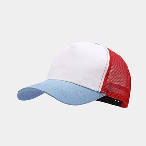 Detail of red, white and blue mesh trucker hat with breathable panels and curved brim