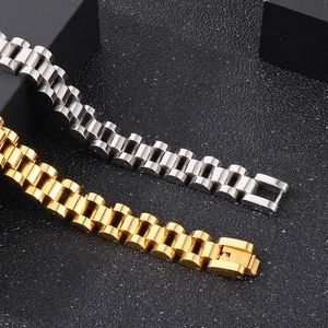 Close-up of 10mm stainless steel watch band necklaces in gold and silver finishes