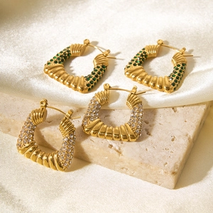 Women's 18K gold stainless steel geometric earrings with green and clear zircon stones