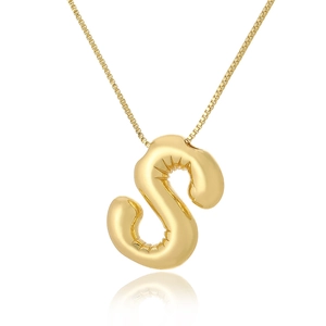 Detailed view of balloon style letter S pendant in gold finish with thin box chain