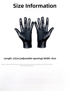 Tabla de tallas de guantes punk negros brillantes con largo de 22cm y ancho de 8cm detallado