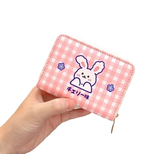 Pink checkered cartoon rabbit card holder and zipper coin purse for women