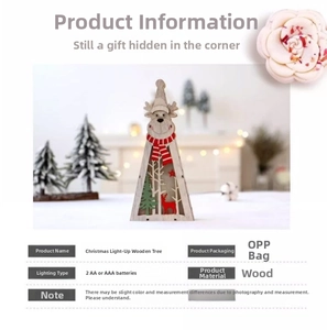 Close-up of a lighted wooden Christmas tree featuring laser-cut deer patterns and red hat