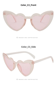 Front and side views of heart-shaped sunglasses in transparent light pink with pink lenses